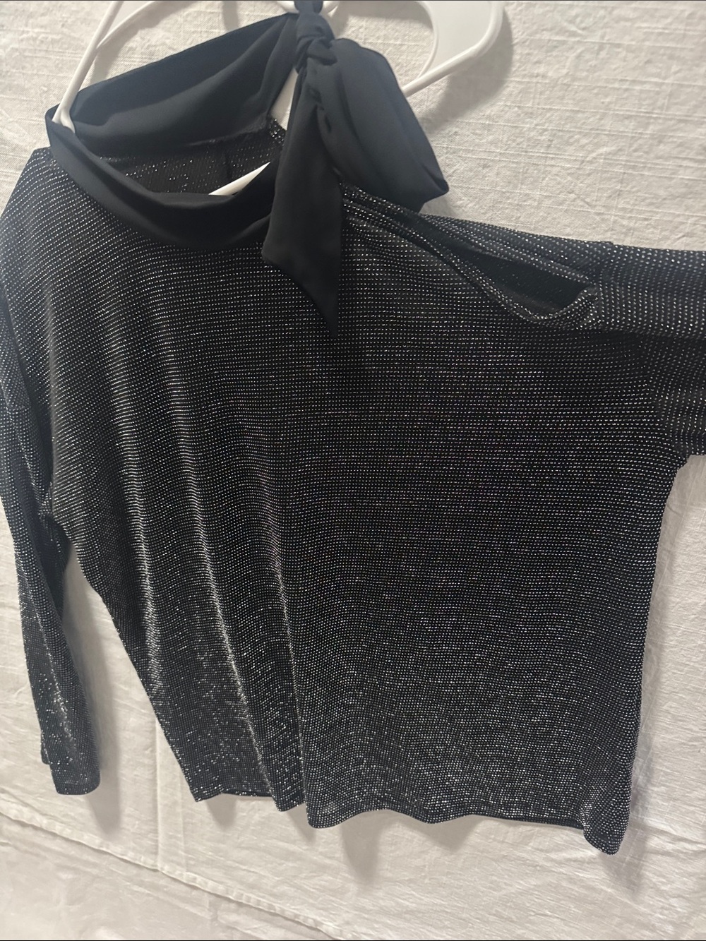 New York & Company Black Metallic Off-Shoulder Tie Sweater